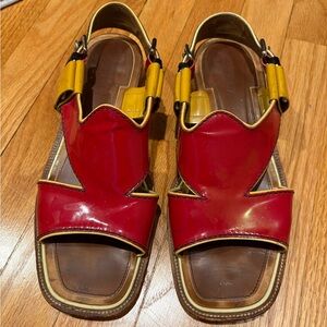 90s Vintage Prada red and yellow + brown leather sandals with buckles